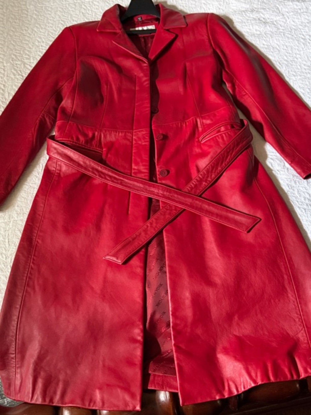 Jones New York Red Leather Belted Trench Coat